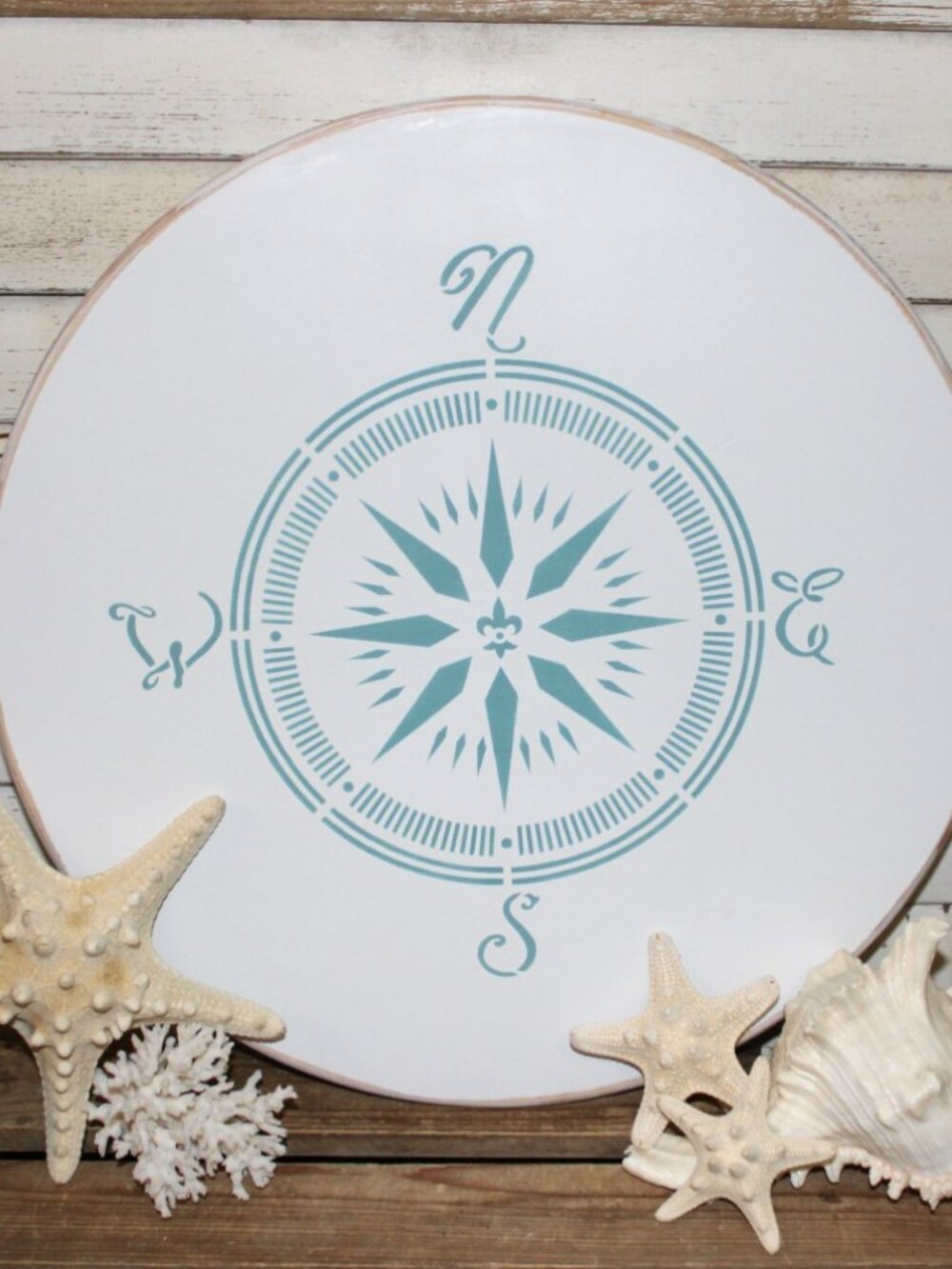 NEW Aqua & White 15.5" Shabby Coastal Lazy Susan Spinning Compass Tray